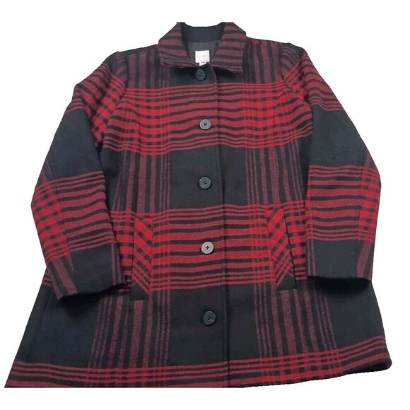 J Jill Buffalo Plaid Peacoat Wool Size Small Black & Red Winter Jacket Holiday - Picture 1 of 14